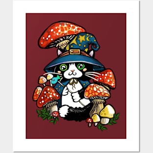 Adorable and Mystical Kitty Cat Wizard Sitting in some Mushrooms Posters and Art